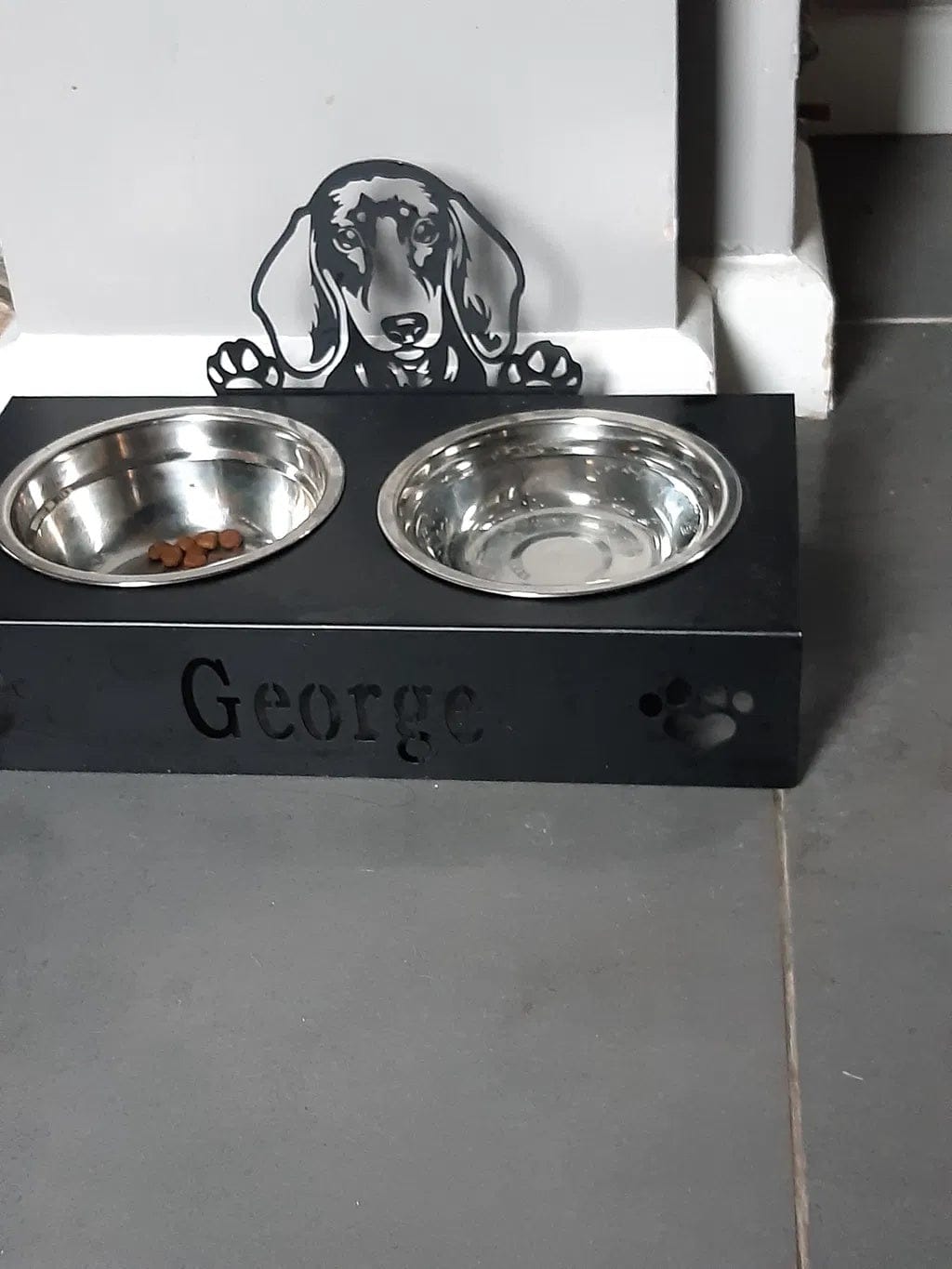 Customer photo review of Custom Name Dog Bowl Stand - Dachshund Dog