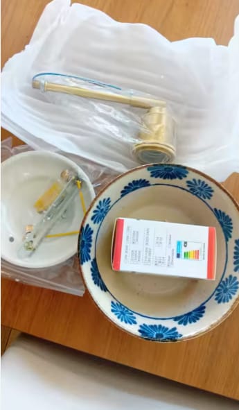 Customer photo review of Ceramic Wall Sconce with Blue Floral Shade and Brass Arm