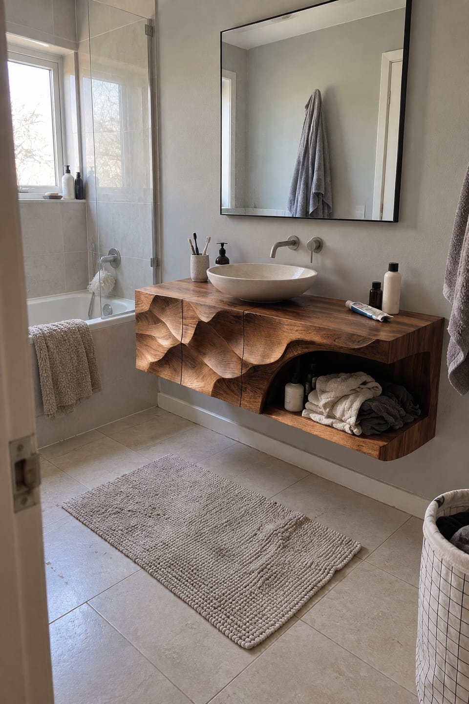 Customer photo review of Floating Solid Wood Bathroom Vanity – Hand-Carved Natural Wood Storage Cabinet