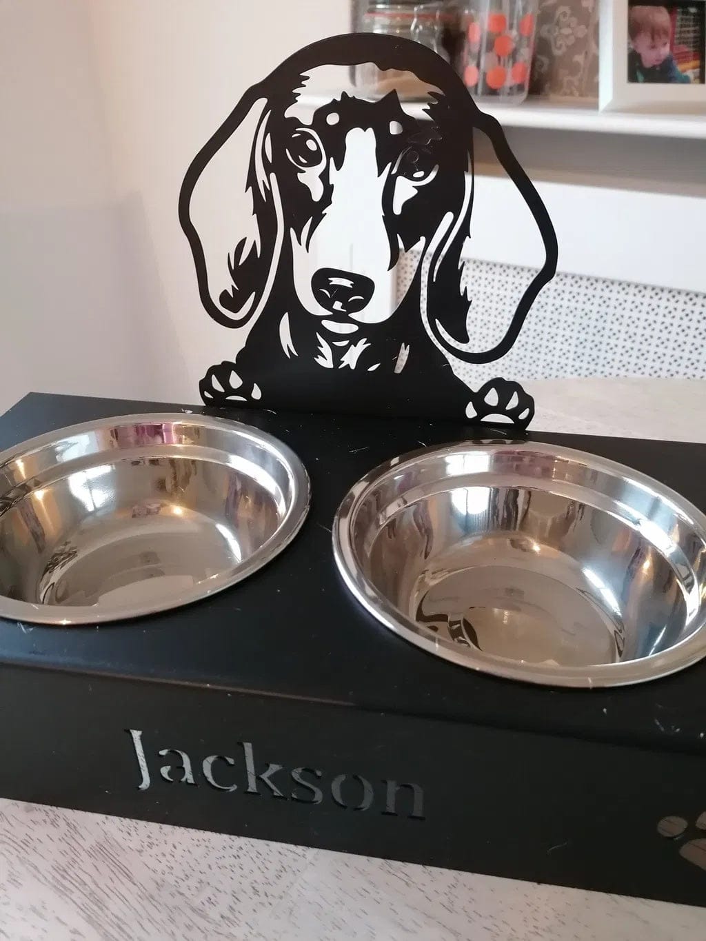 Customer photo review of Custom Name Dog Bowl Stand - Dachshund Dog