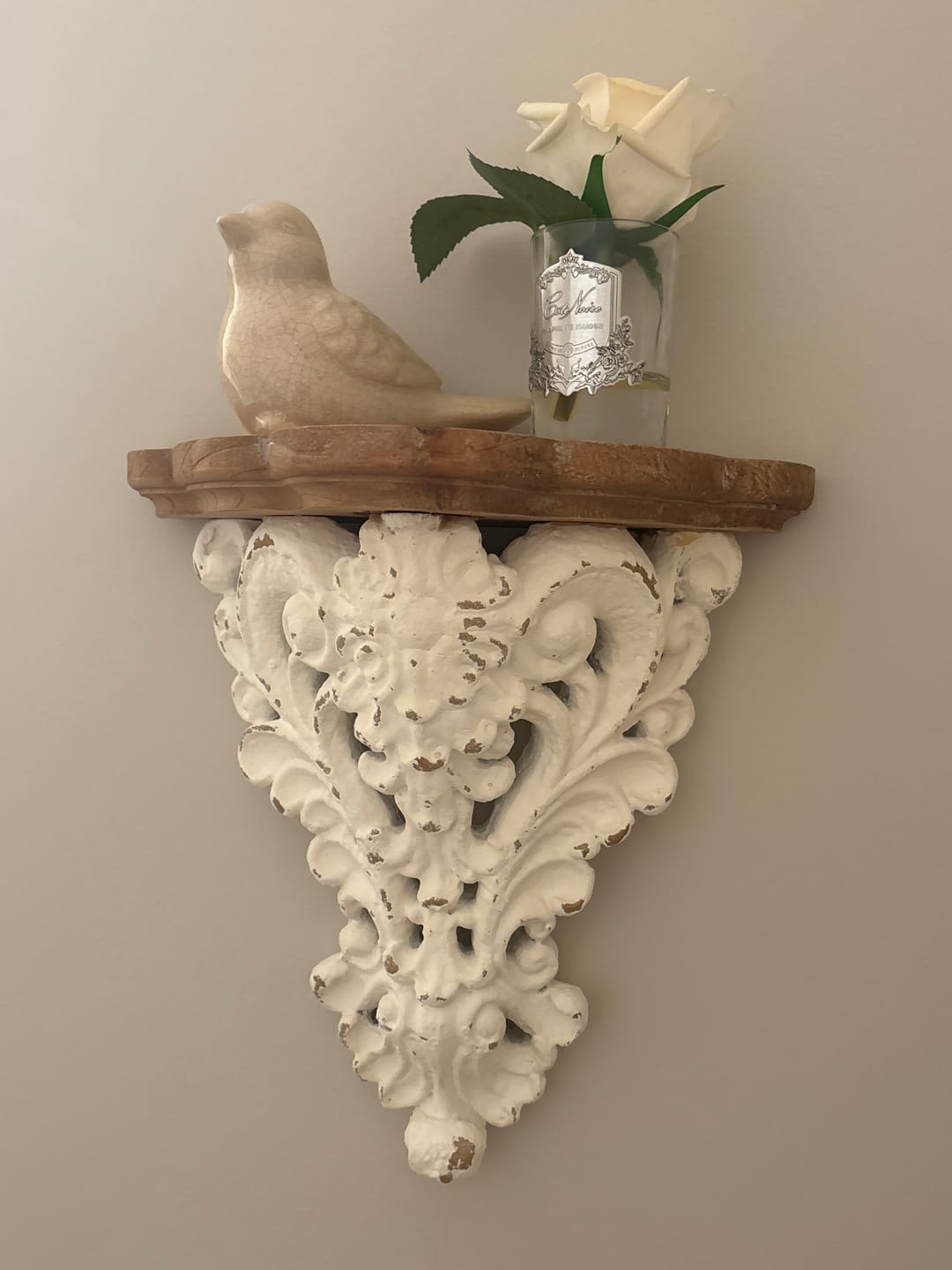 Customer photo review of Marguerite French Provincial Wall Corbel Shelf, Distressed White Scroll Sconce with Timber Top