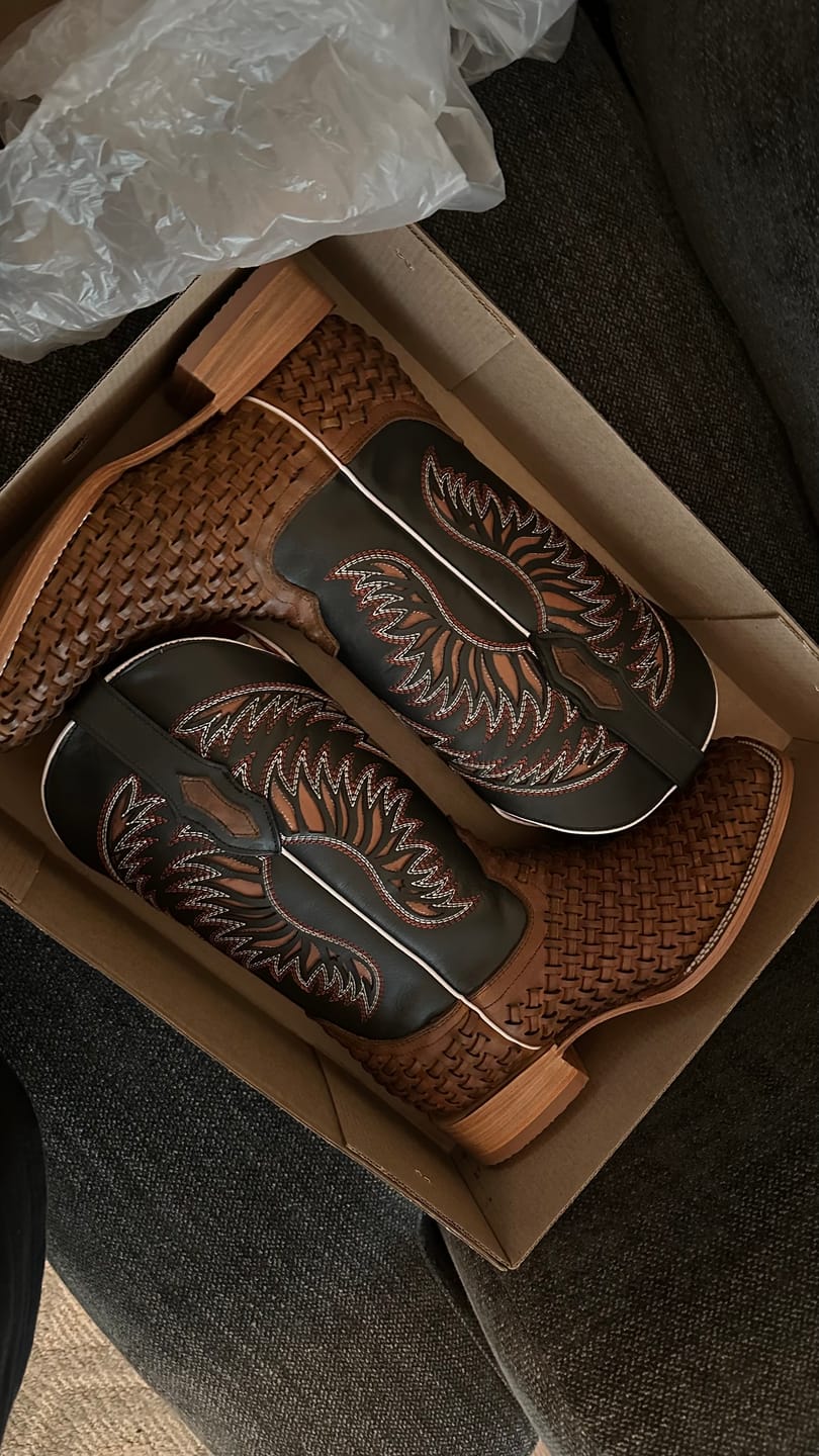 Customer photo review of Tan Basketweave Leather Boots - Square Toe