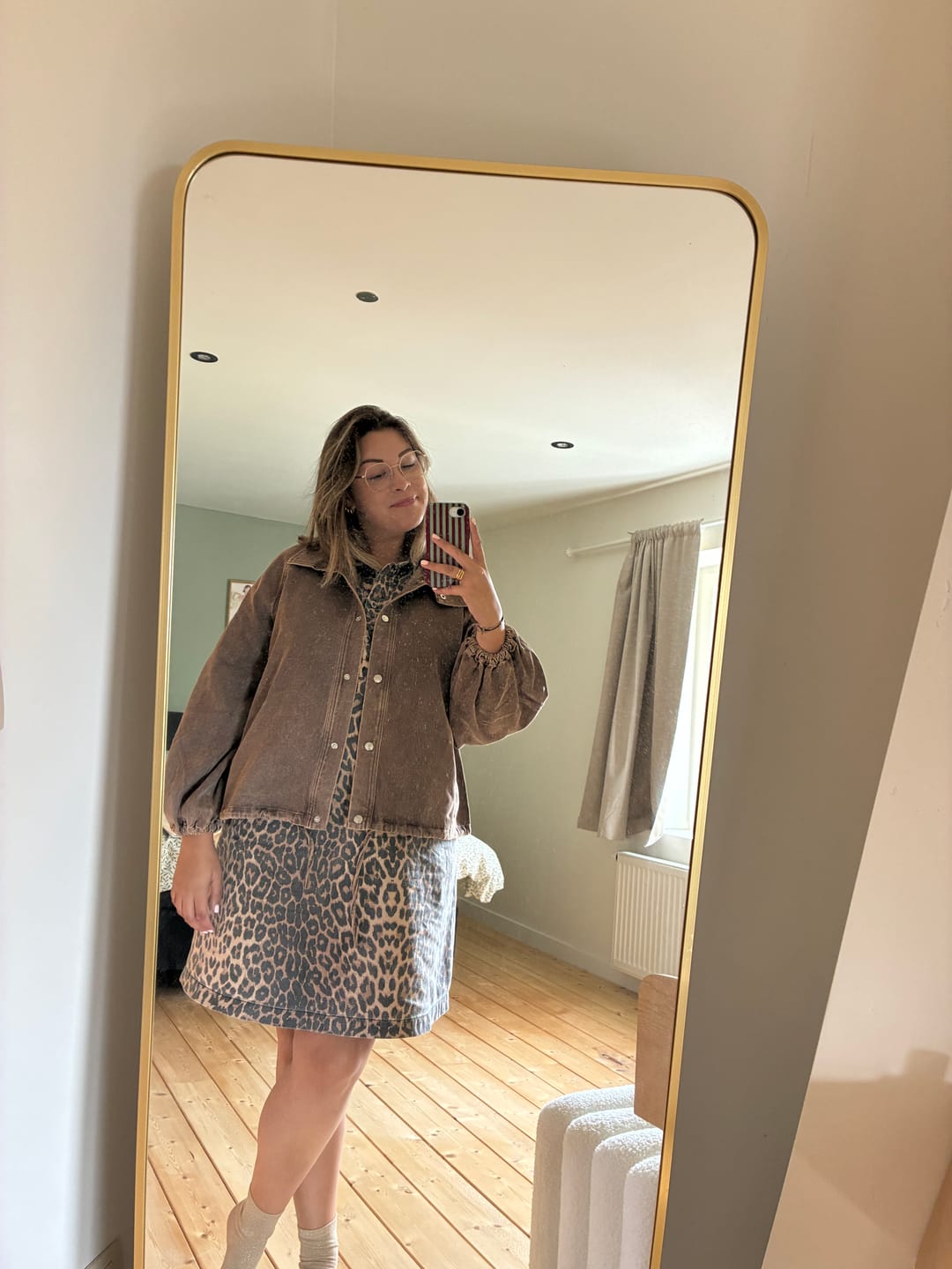 Customer photo review of Washed Denim Bomber Jacket / Taupe