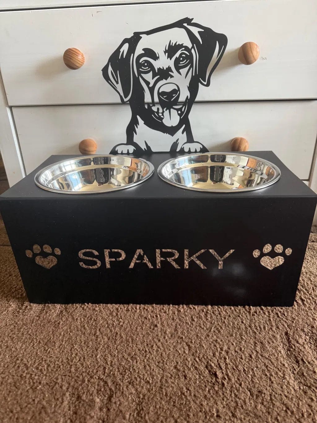 Customer photo review of Custom Name Dog Bowl Stand - Labrador Retriever