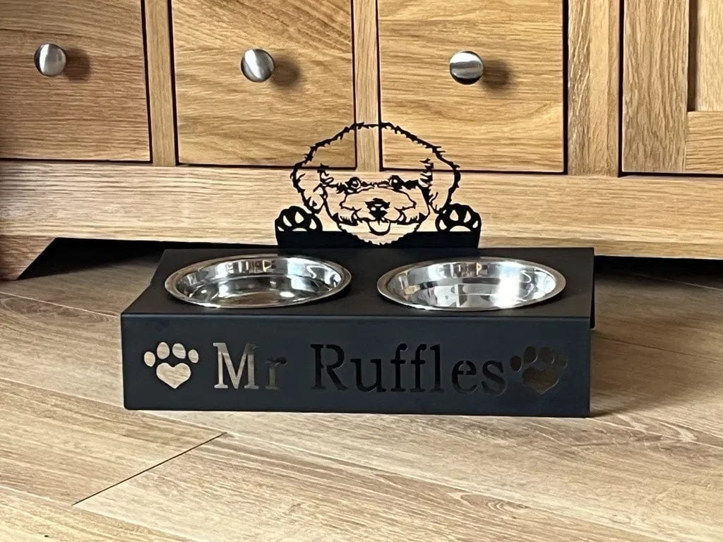 Customer photo review of Custom Name Dog Bowl Stand - Bichon Frise