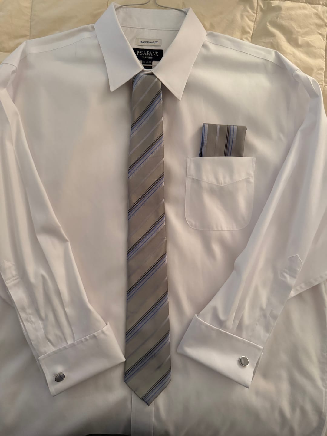Customer photo review of Barry. Wang Light Grey Tie Silver Stripe Fabric Tie Hanky Cufflinks Set