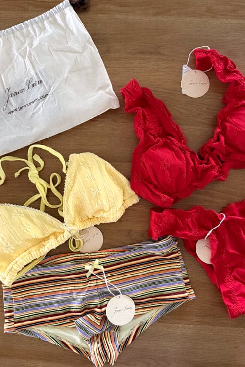 Customer photo review of Yellow Jacquard Triangle Top & Ribbed Striped Cheeky Boyshorts Mix And Match Bikini Set