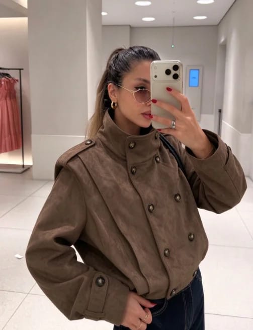 Customer photo review of Sabrina Retro Faux Suede Cropped Trench