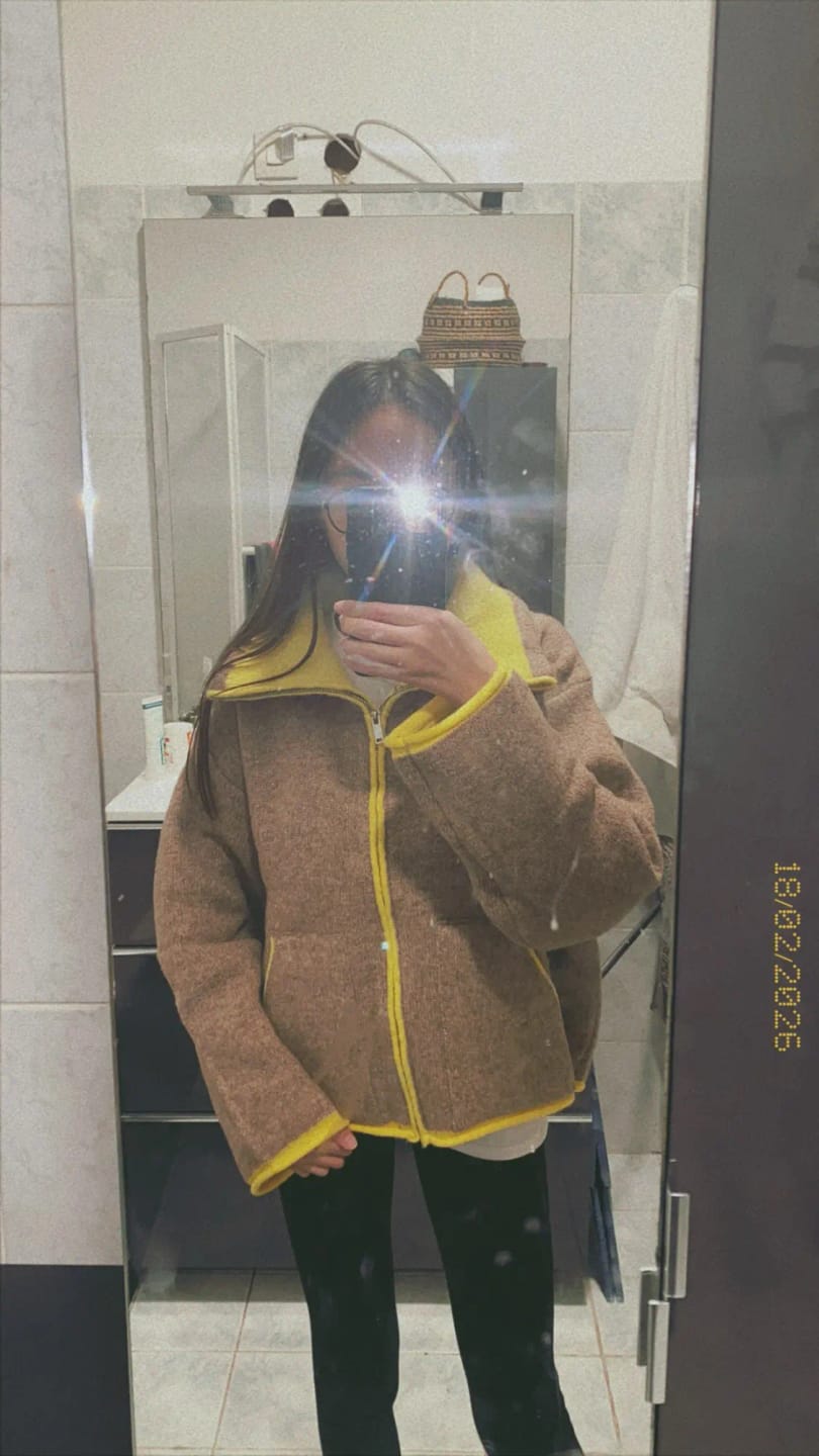 Customer photo review of Miriam Stand Collar Contrast Knit Pilot Jacket