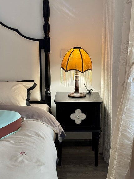 Customer photo review of Beaded Fringe Table Lamp, Walnut Wood Base, Pleated Shade, 50 cm