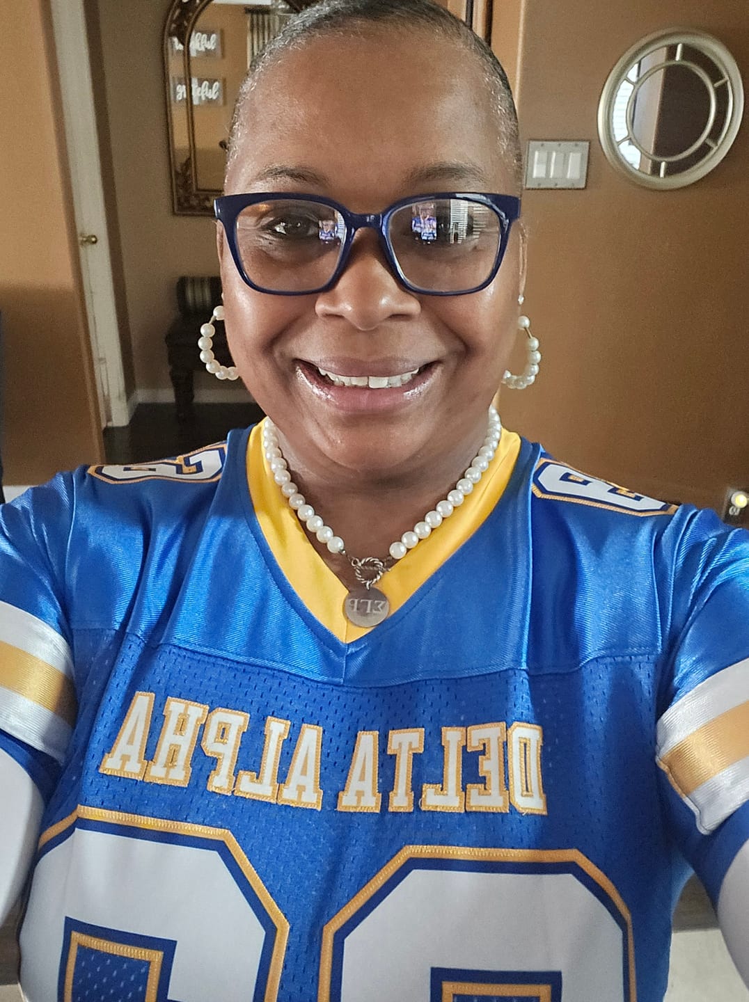 Customer photo review of Custom Royal White-Yellow Classic Style Mesh Authentic American Football Jersey