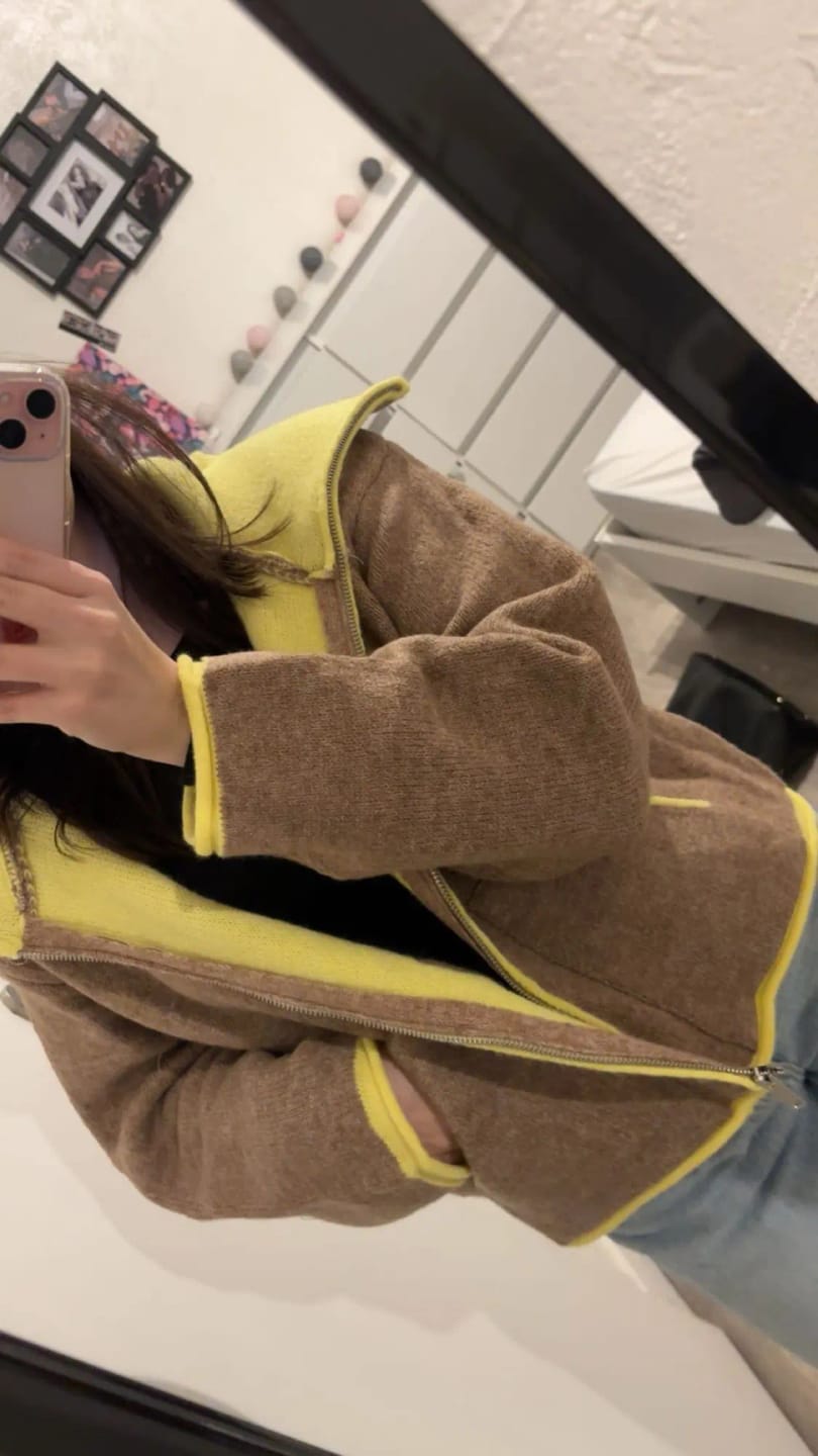 Customer photo review of Miriam Stand Collar Contrast Knit Pilot Jacket