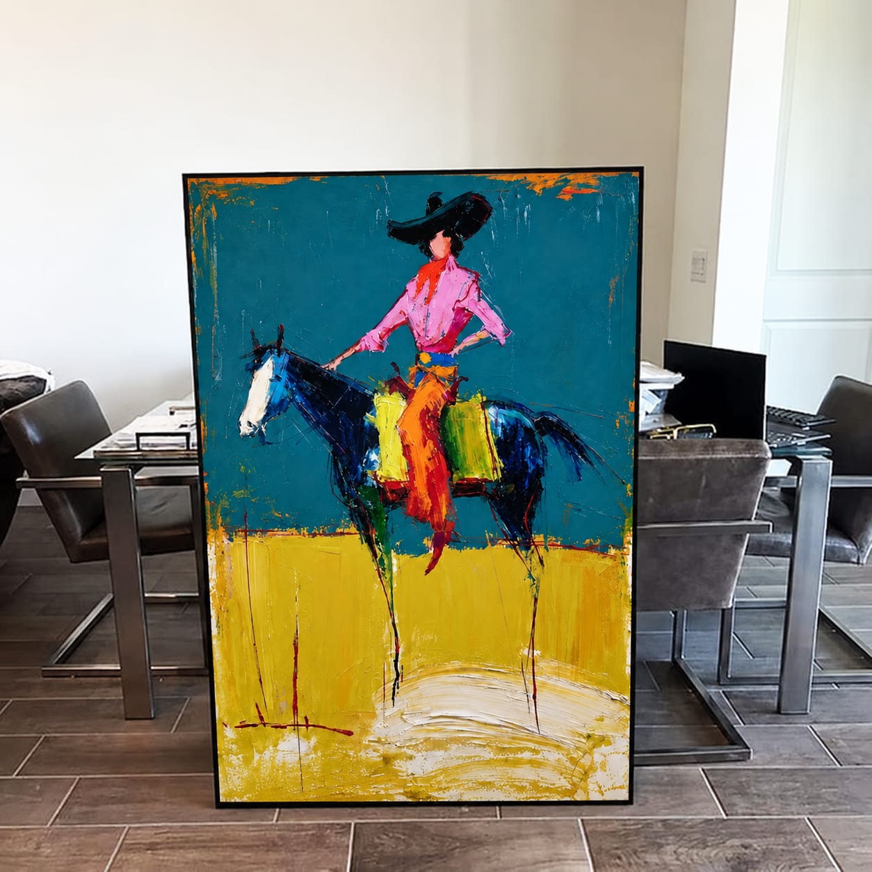 Customer photo review of Teal Horizon-Colorful Cowgirl Horse Painting