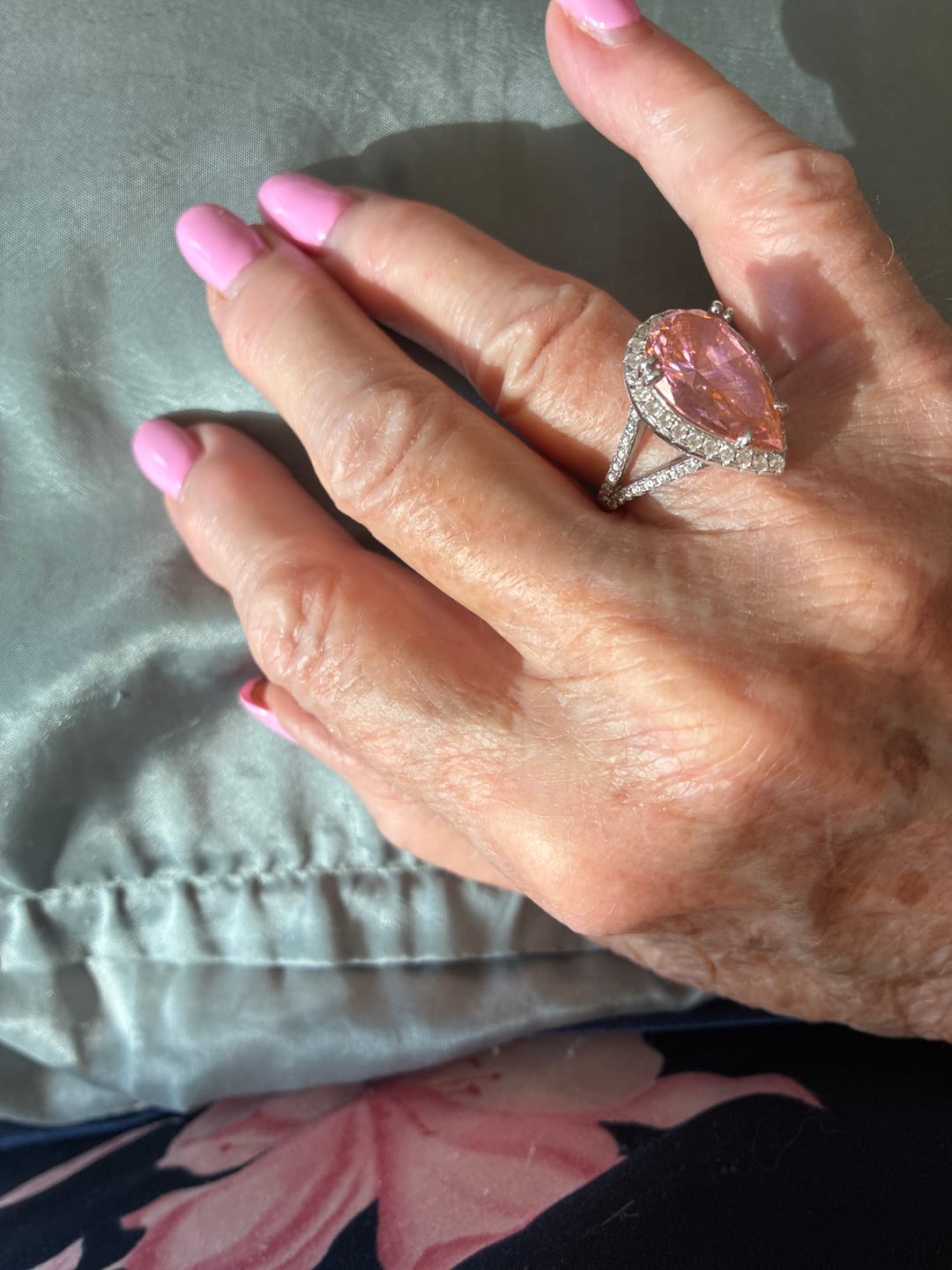 Customer photo review of 6.5Ct Pear Cut Pink Stone Halo Engagement Ring In Sterling Silver