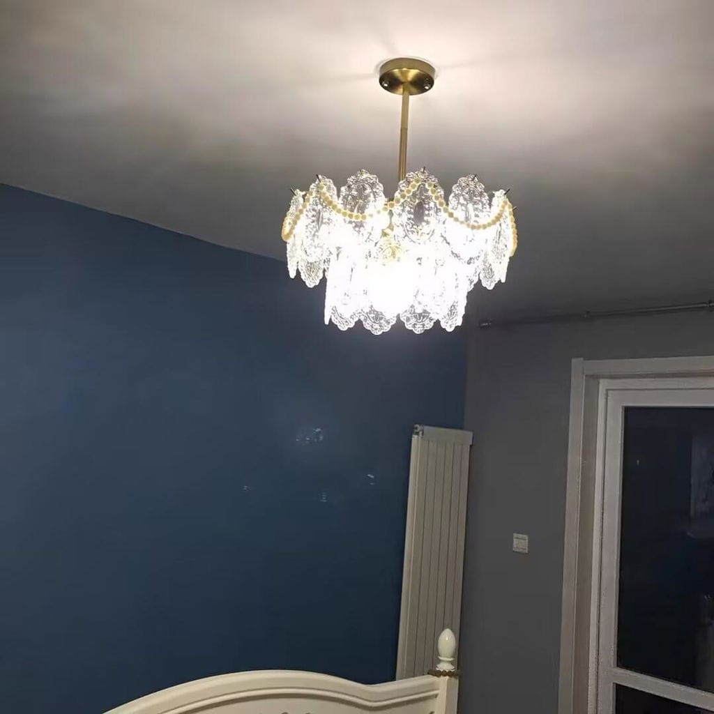 Customer photo review of Glass Pearl Chandelier, Gold Metal Frame, Tiered, Hardwired
