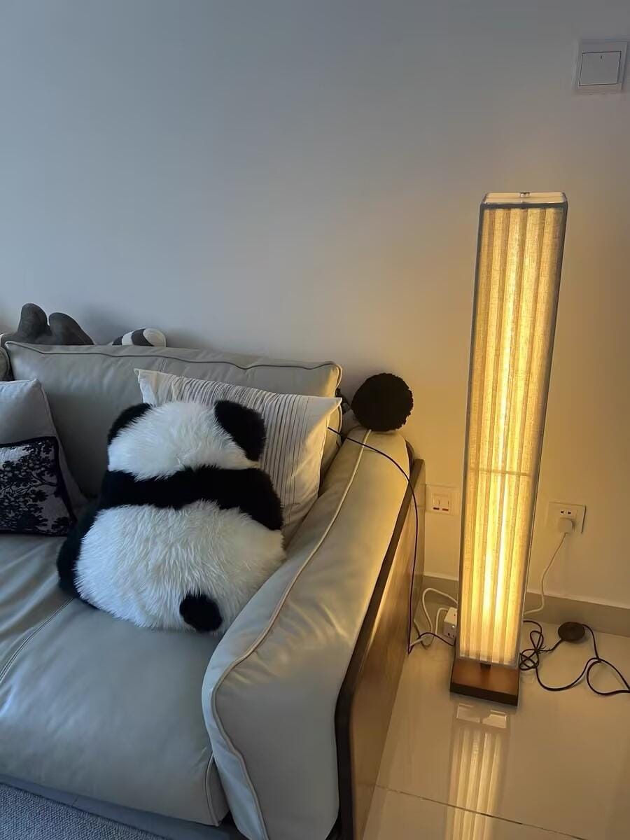 Customer photo review of Walnut Wood Floor Lamp, Beige Fabric Shade, Integrated LED