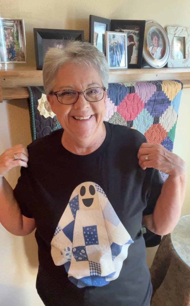 Customer photo review of The Little Quilted Ghost T-shirt