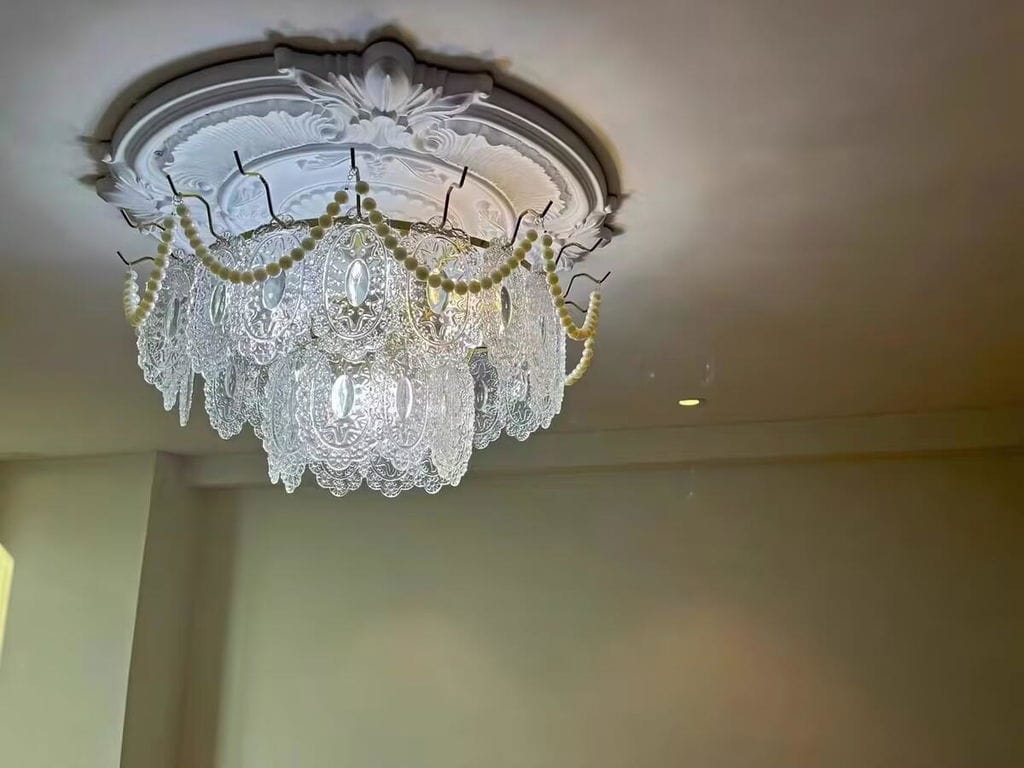 Customer photo review of Glass Pearl Chandelier, Gold Metal Frame, Tiered, Hardwired