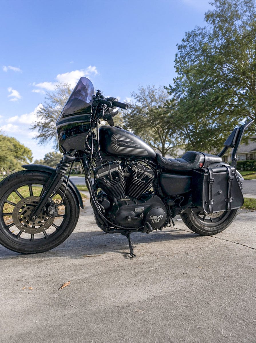 Customer photo review of 35L - Ghost Extra Large Roll-Top Shock Cutout Saddlebags For Harley Sportster 883 Iron XL883N