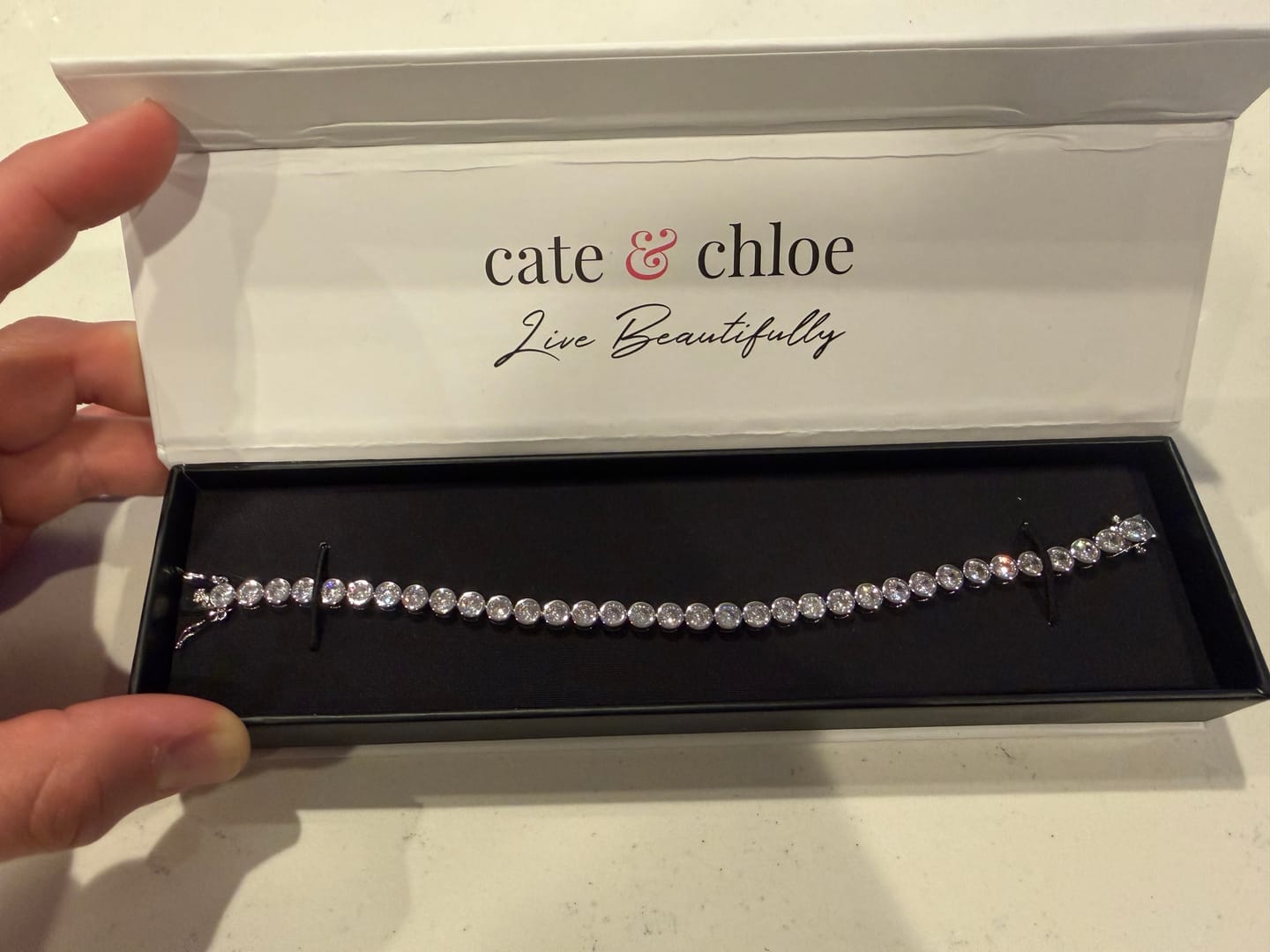 Customer photo review of Joelle 18k White Gold Plated Tennis Bracelet with Simulated Diamond Crystals