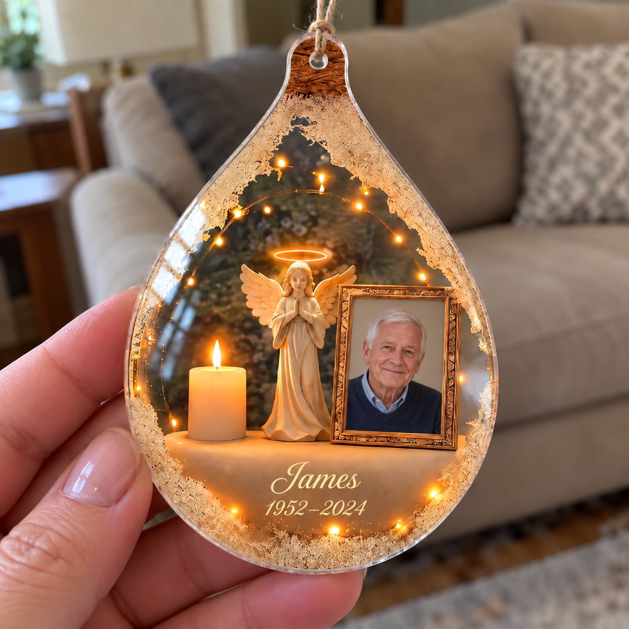 Customer photo review of Personalized Memorial Photo Ornament – Angel & Candle, Custom Name & Years, In Loving Memory Acrylic Keepsake