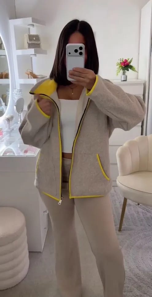 Customer photo review of Miriam Stand Collar Contrast Knit Pilot Jacket