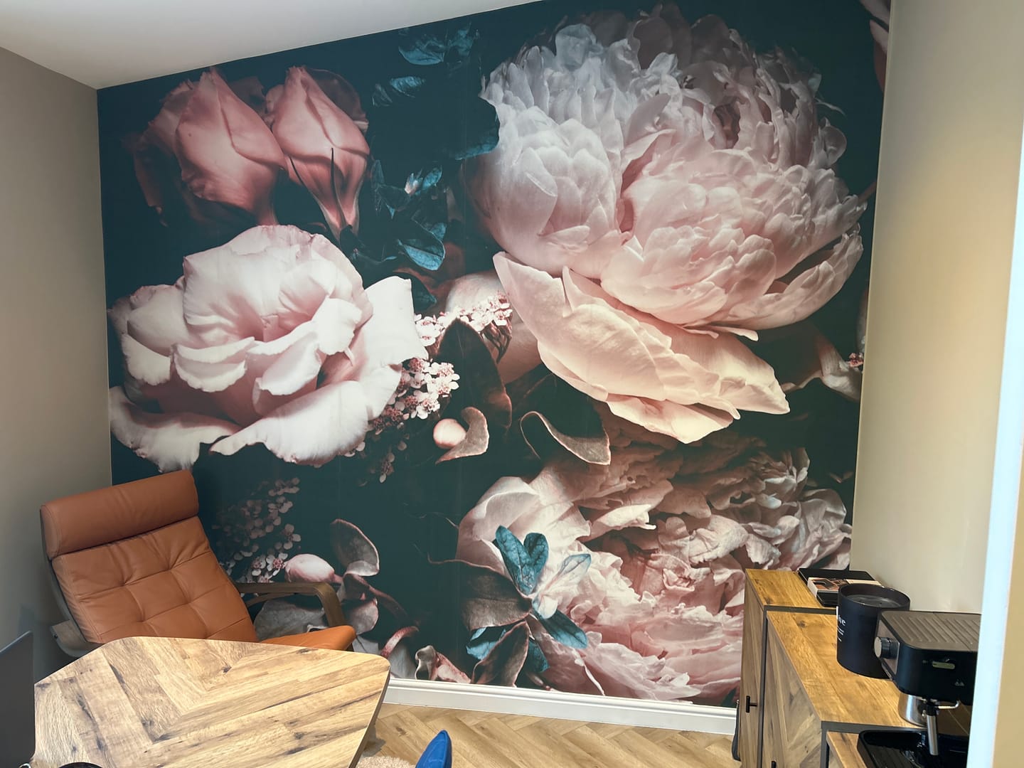 Customer photo review of Paeonia - Dark Floral Teal & Pink Peony Wallpaper Mural