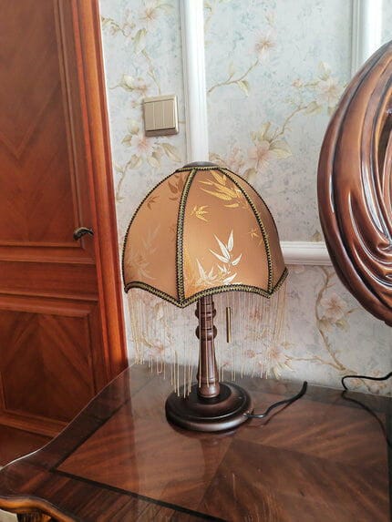 Customer photo review of Beaded Fringe Table Lamp, Walnut Wood Base, Pleated Shade, 50 cm