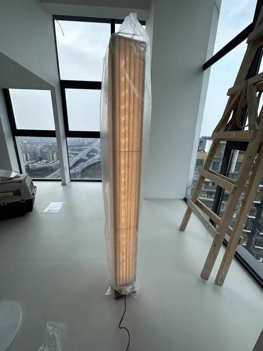 Customer photo review of Walnut Wood Floor Lamp, Beige Fabric Shade, Integrated LED