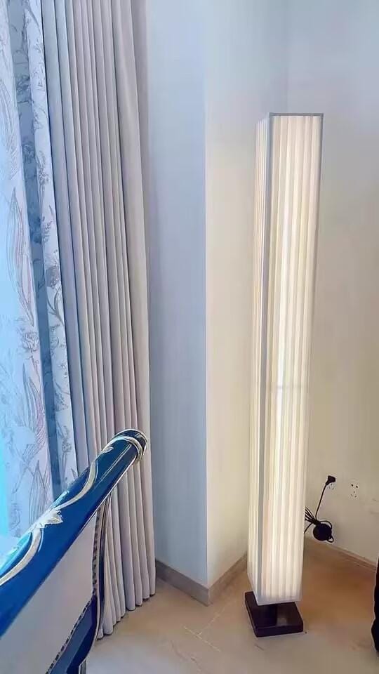 Customer photo review of Walnut Wood Floor Lamp, Beige Fabric Shade, Integrated LED