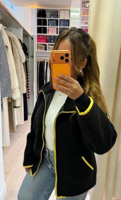 Customer photo review of Miriam Stand Collar Contrast Knit Pilot Jacket