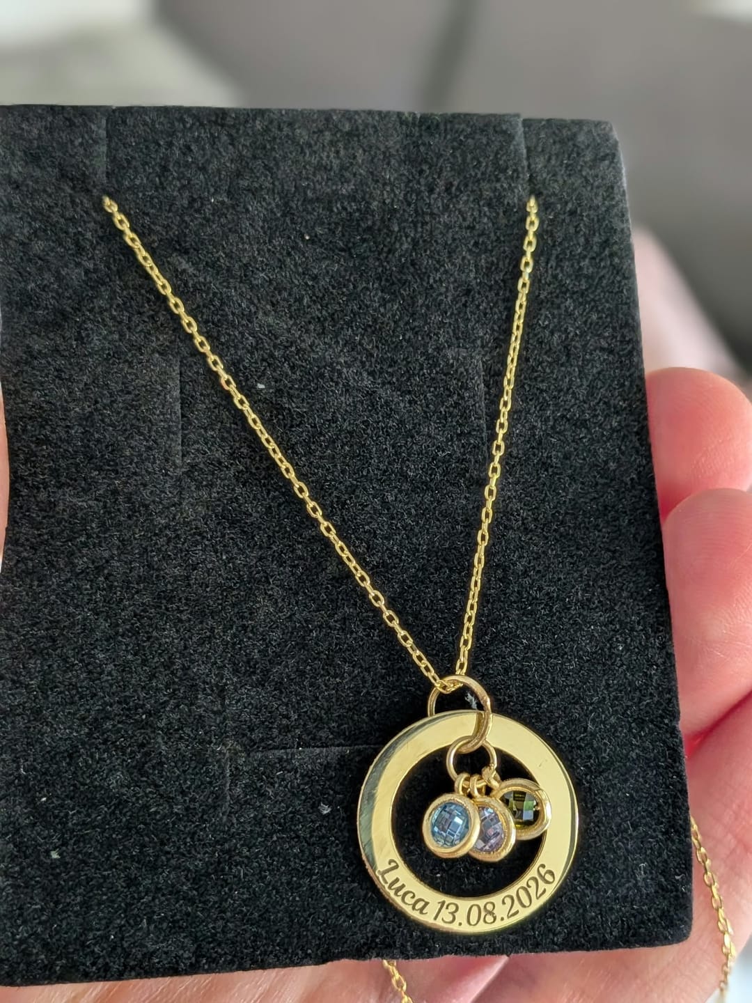 Customer photo review of Personalised Birthstone Necklace with Engraved Eternal Ring