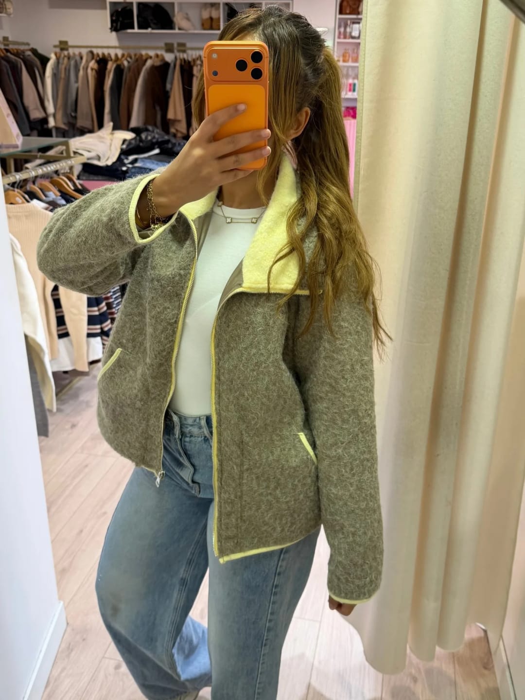Customer photo review of Miriam Stand Collar Contrast Knit Pilot Jacket