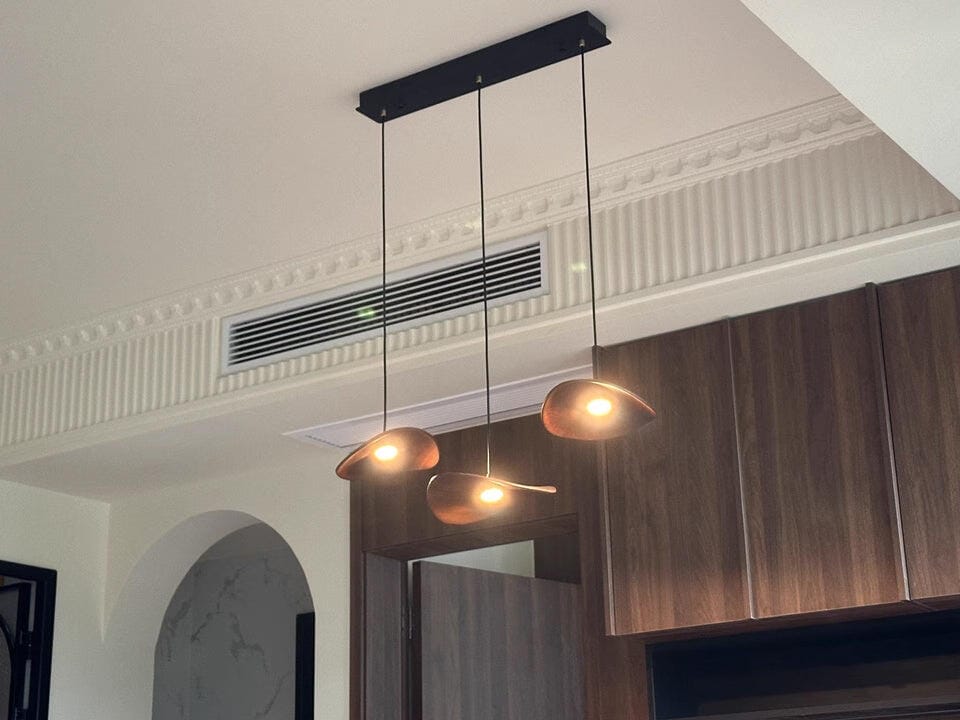 Customer photo review of Wooden Leaf Pendant Light, Integrated LED, Adjustable Cable, 3000 K