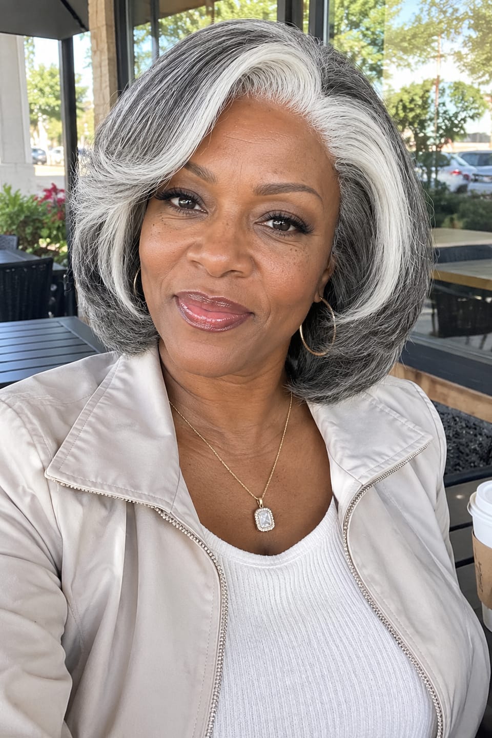 Customer photo review of Luvwin 5x5 Lace Salt And Pepper Layered Swoop Bob Glueless Gray Wig