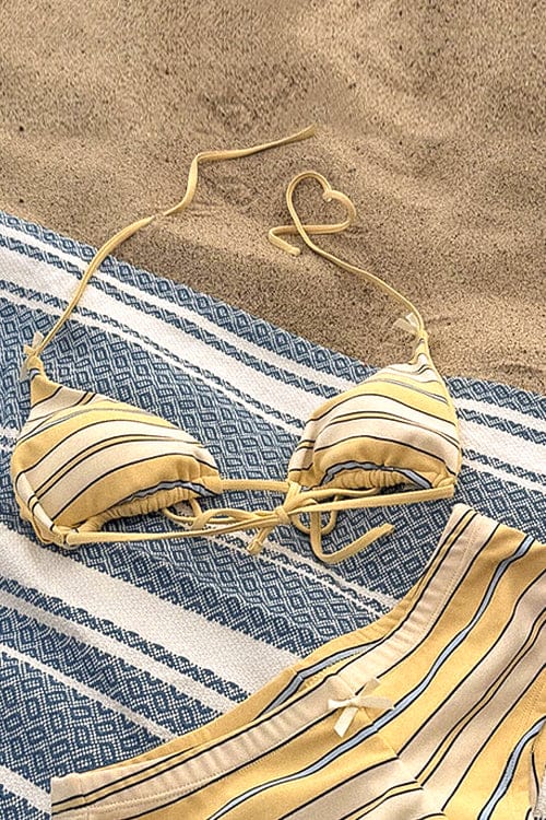 Customer photo review of Yellow Striped Bowknot Halter Triangle Cheeky Boyshorts Bikini Set