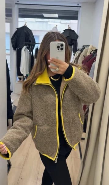Customer photo review of Miriam Stand Collar Contrast Knit Pilot Jacket