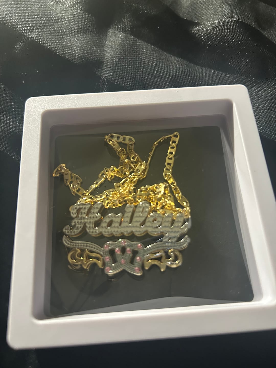 Customer photo review of Double Plated Heart Title Name Necklace w/ Figaro Chain