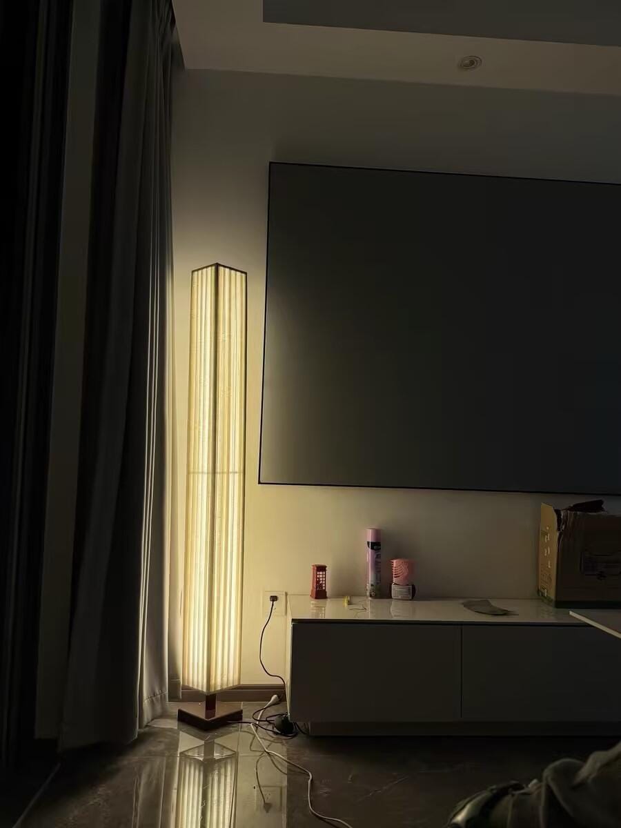 Customer photo review of Walnut Wood Floor Lamp, Beige Fabric Shade, Integrated LED