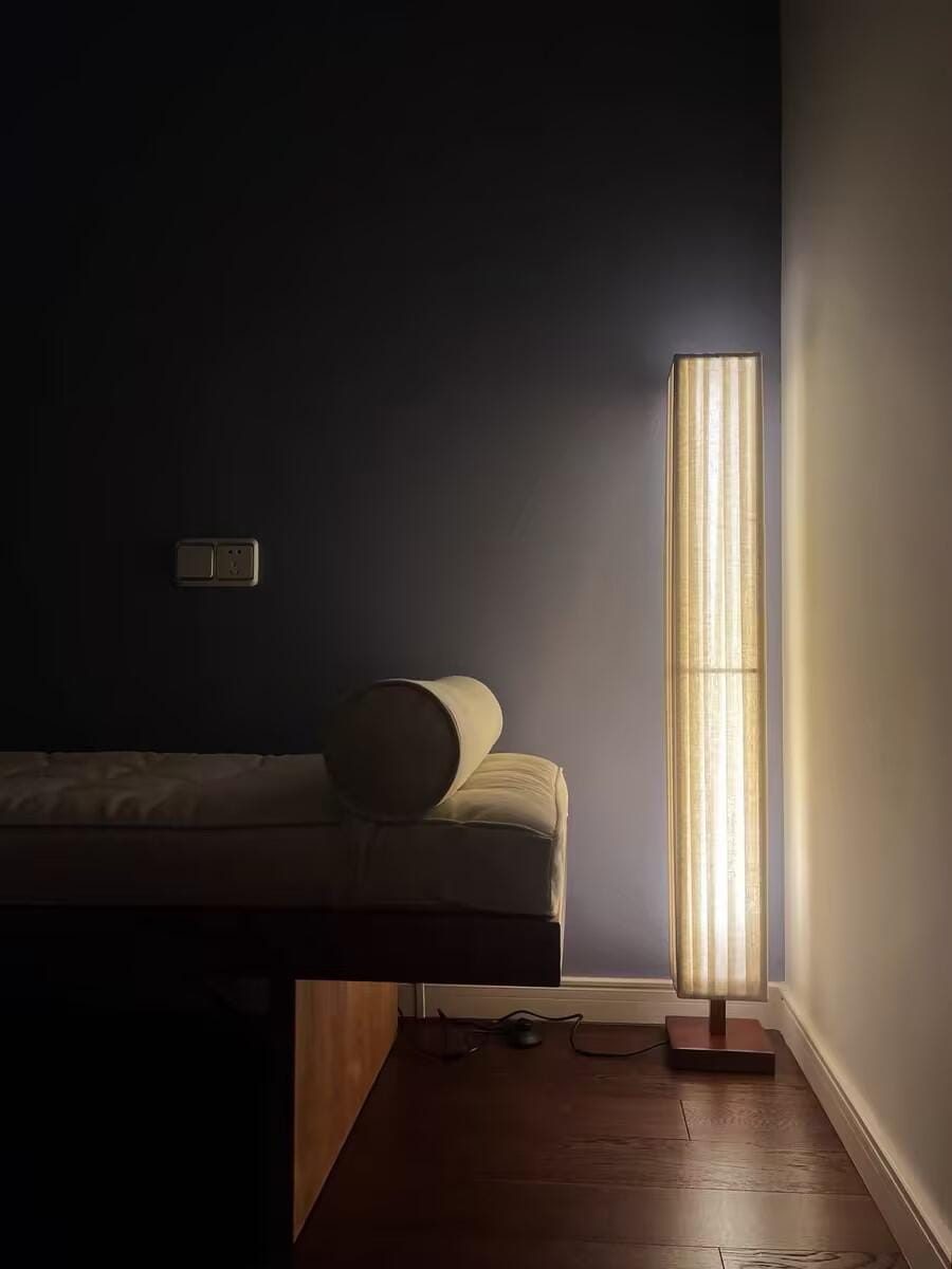 Customer photo review of Walnut Wood Floor Lamp, Beige Fabric Shade, Integrated LED