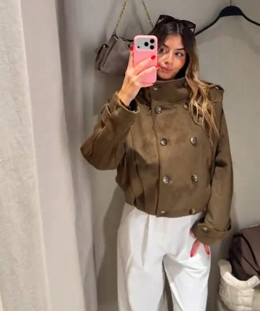 Customer photo review of Sabrina Retro Faux Suede Cropped Trench