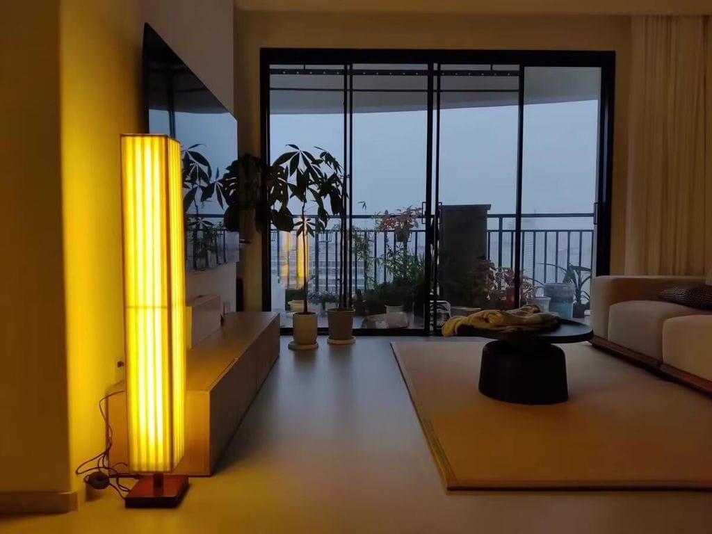 Customer photo review of Walnut Wood Floor Lamp, Beige Fabric Shade, Integrated LED