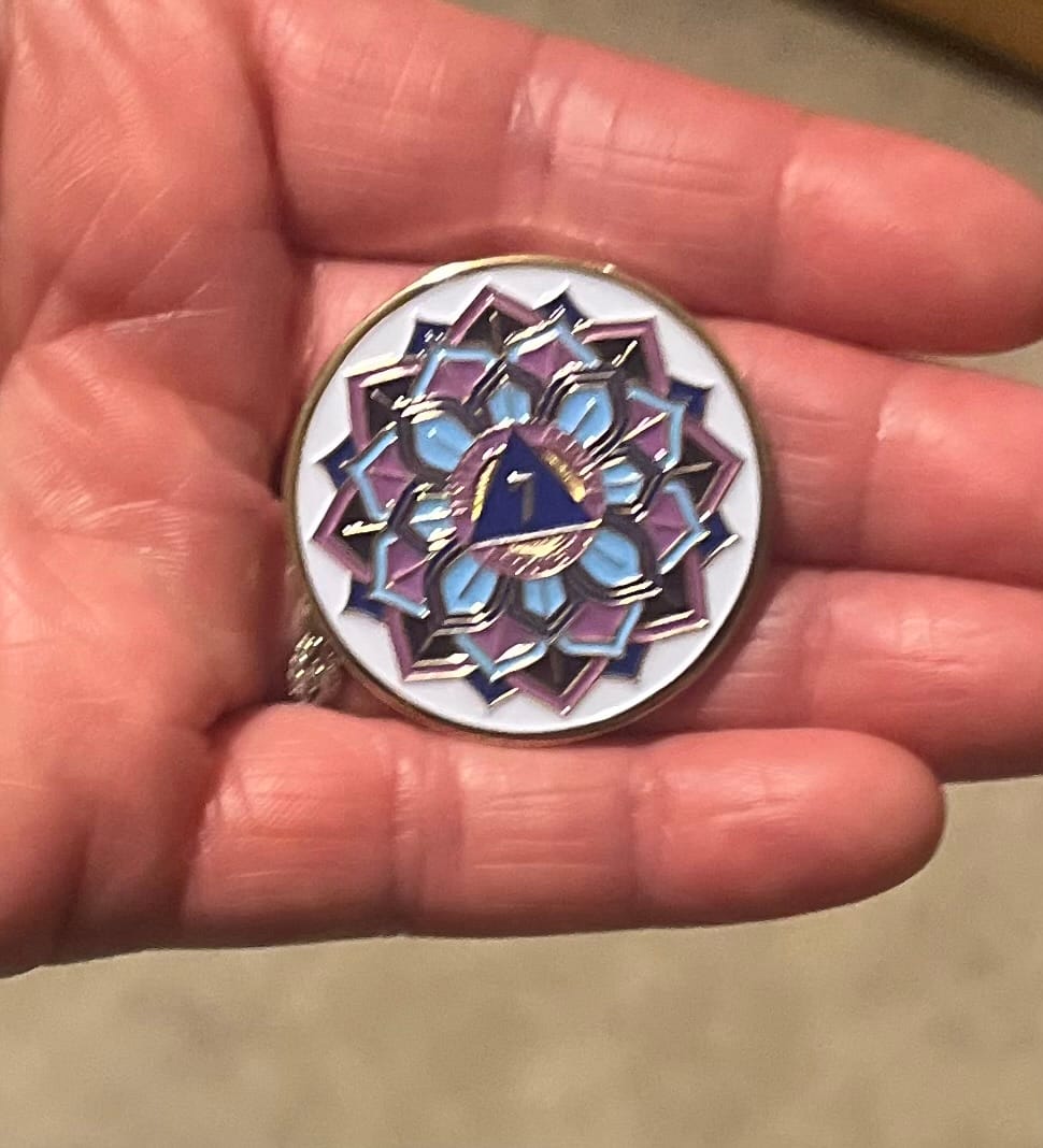 Customer photo review of 1 to 50 Year Sobriety Mint 'In Bloom' Lotus Flower Gold Plated AA Recovery Medallion/Chip/Coin - White