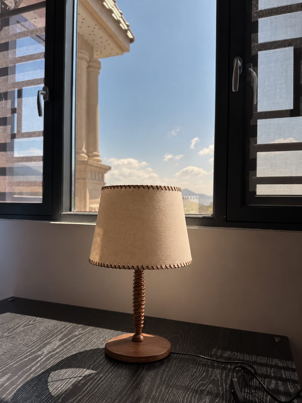 Customer photo review of Walnut Wood Table Lamp, Beige Linen Shade, Plug In, 54 cm