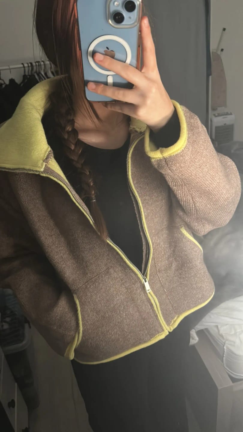 Customer photo review of Miriam Stand Collar Contrast Knit Pilot Jacket