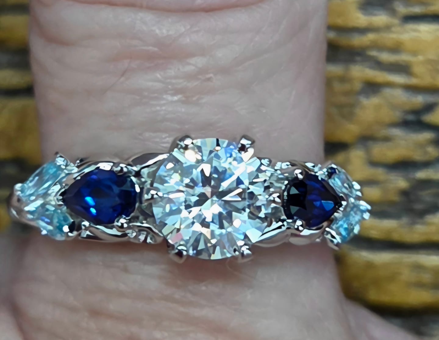 Customer photo review of Moissanite And Cluster Sapphire Filigree Vine Engagement Ring