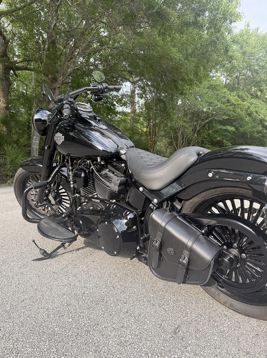 Customer photo review of 3L - Dark Age Plain Leather Motorcycle Swing arm Bag For Harley Softail