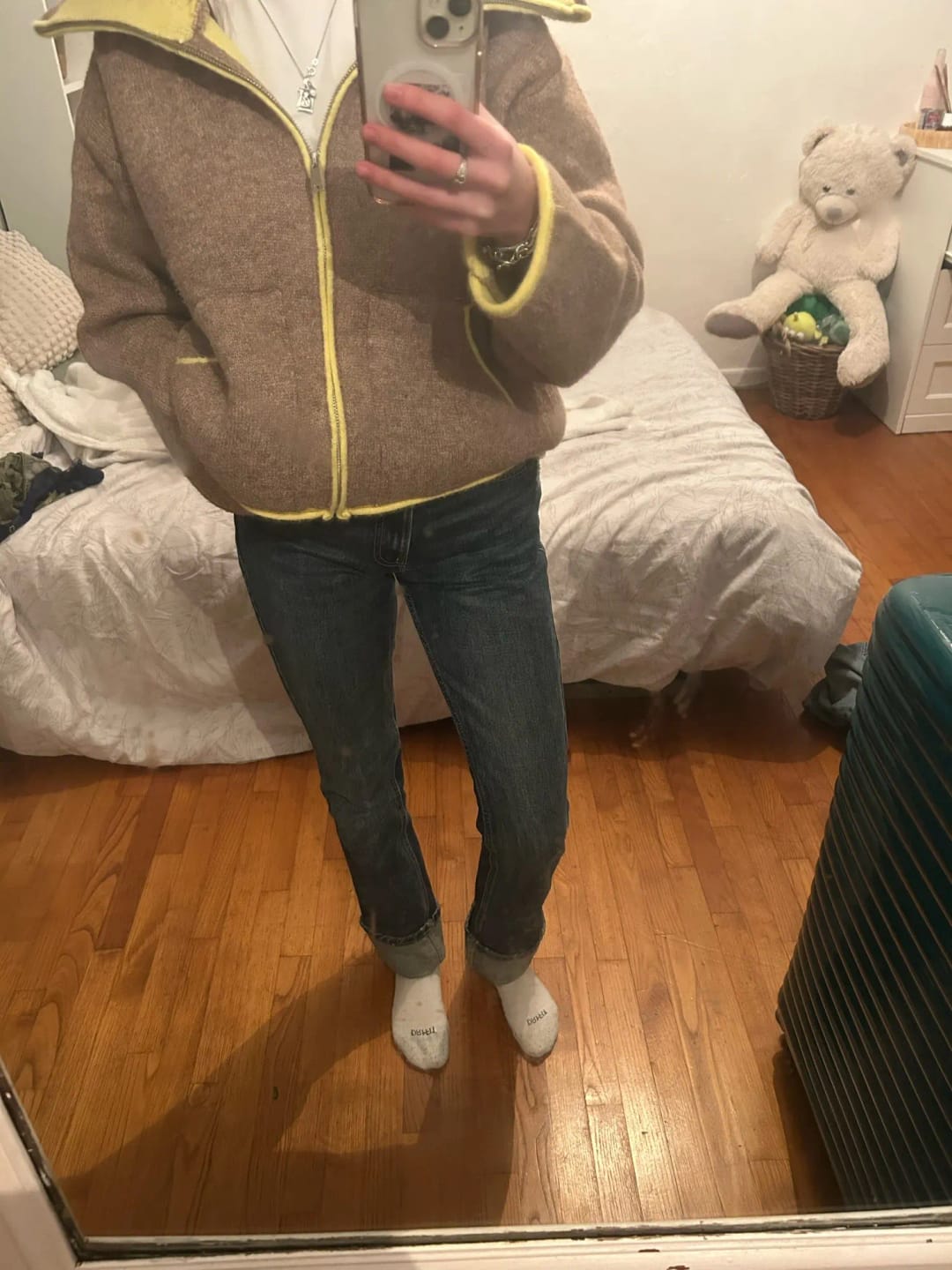 Customer photo review of Miriam Stand Collar Contrast Knit Pilot Jacket