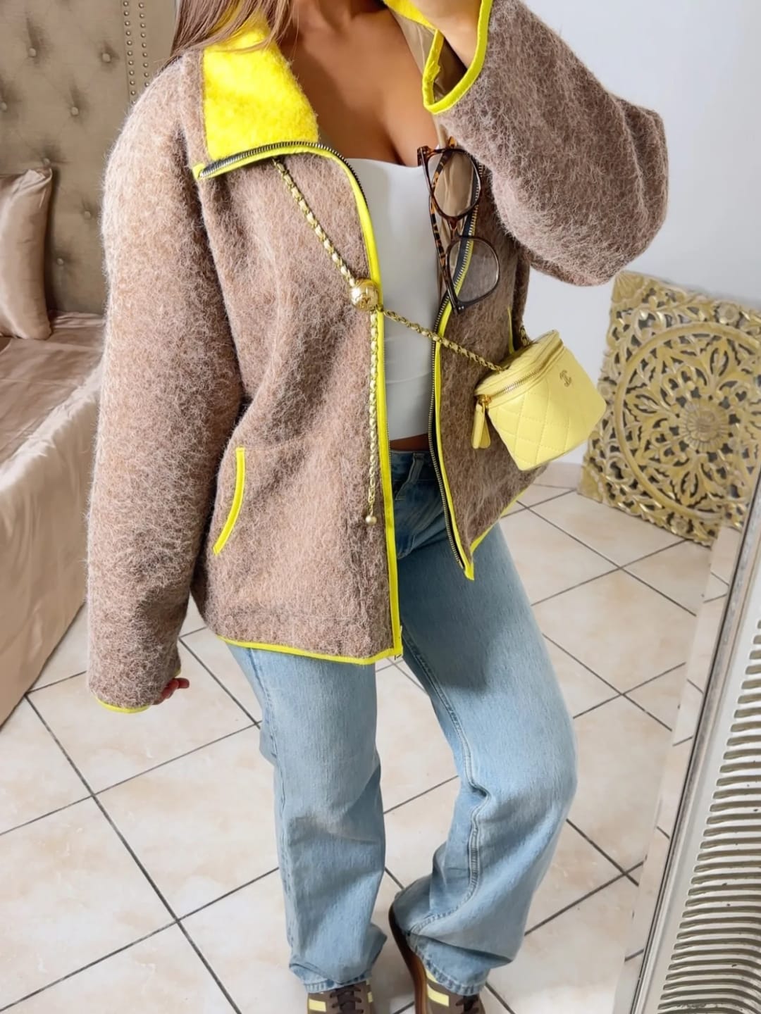 Customer photo review of Miriam Stand Collar Contrast Knit Pilot Jacket