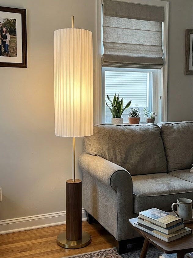 Customer photo review of Pleated Shade Wood Floor Lamp, Brass Ring, Foot Switch, 150 cm